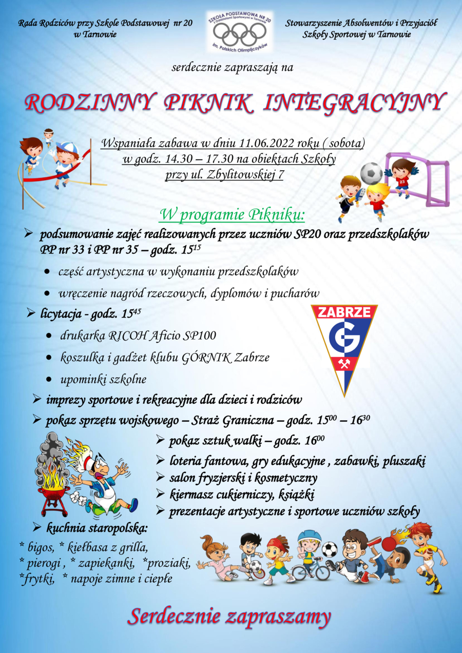 Plakat Rodzinnego Pikniku Integracyjnego w SP nr 20